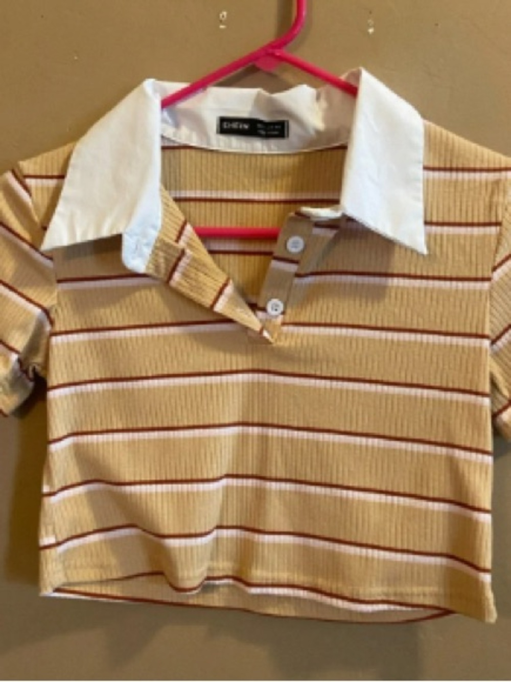 SHEIN Yellow Striped Polo Crop Top with White Collar